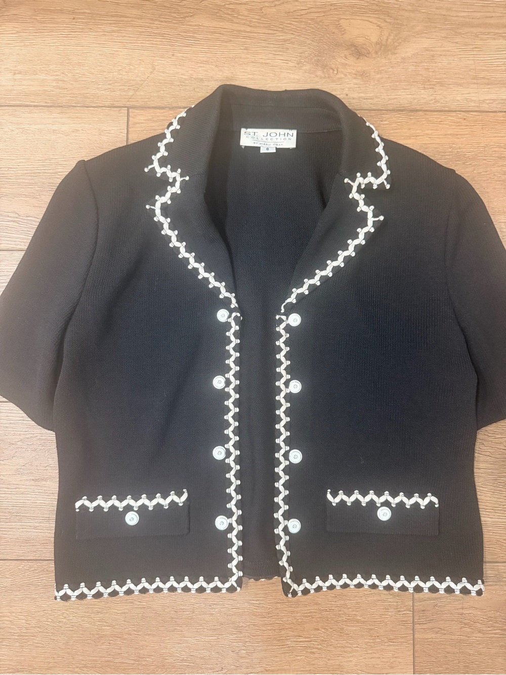 St. John Black Cropped Knit Jacket with White Trim